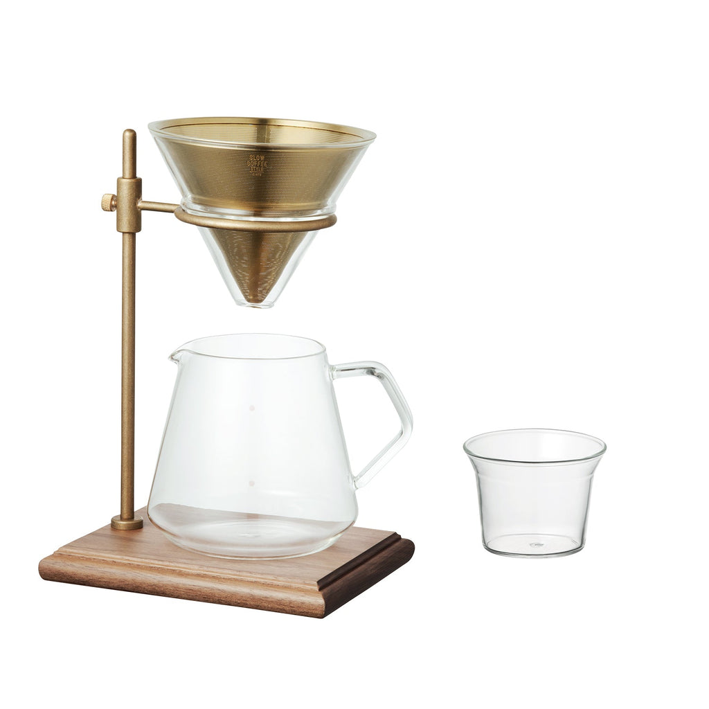 Support de cafetière filtre en noyer et laiton, pour 4 tasses