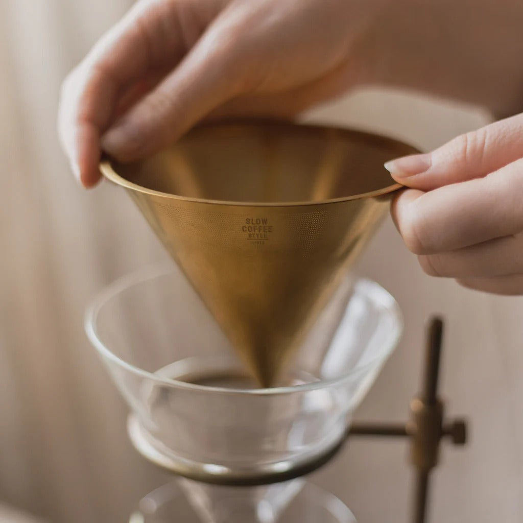 Support de cafetière filtre en noyer et laiton, pour 4 tasses