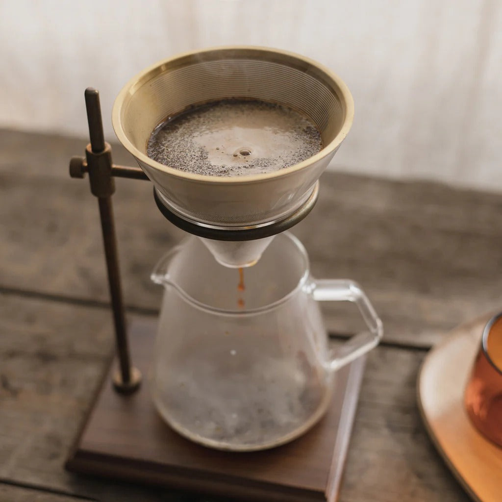 Support de cafetière filtre en noyer et laiton, pour 4 tasses